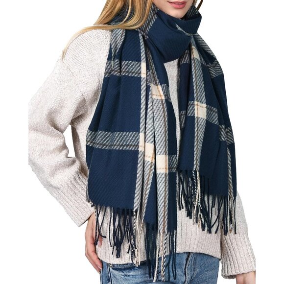 Winter Scarf Women's Shawl Cashmere Feel Tassel Plaid Oversized Scarves Navy - Picture 1 of 6